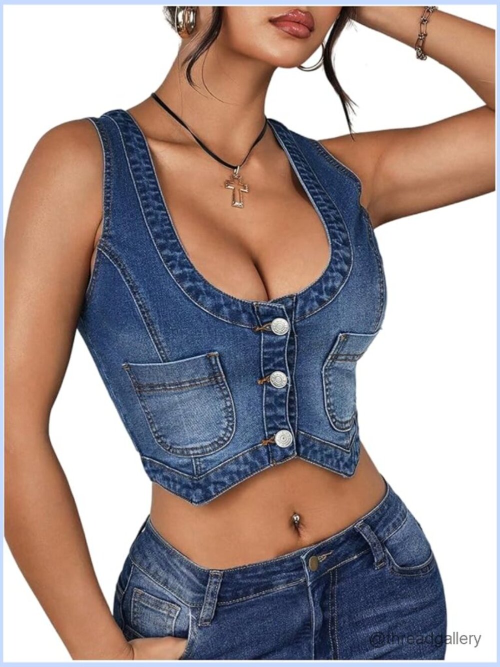 Plus Size Button Down Denim Vest Corset Crop Top Sleeveless Scoop Neck
